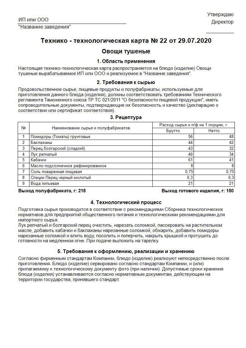 Технологическая карта приготовления блюд образец для столовой